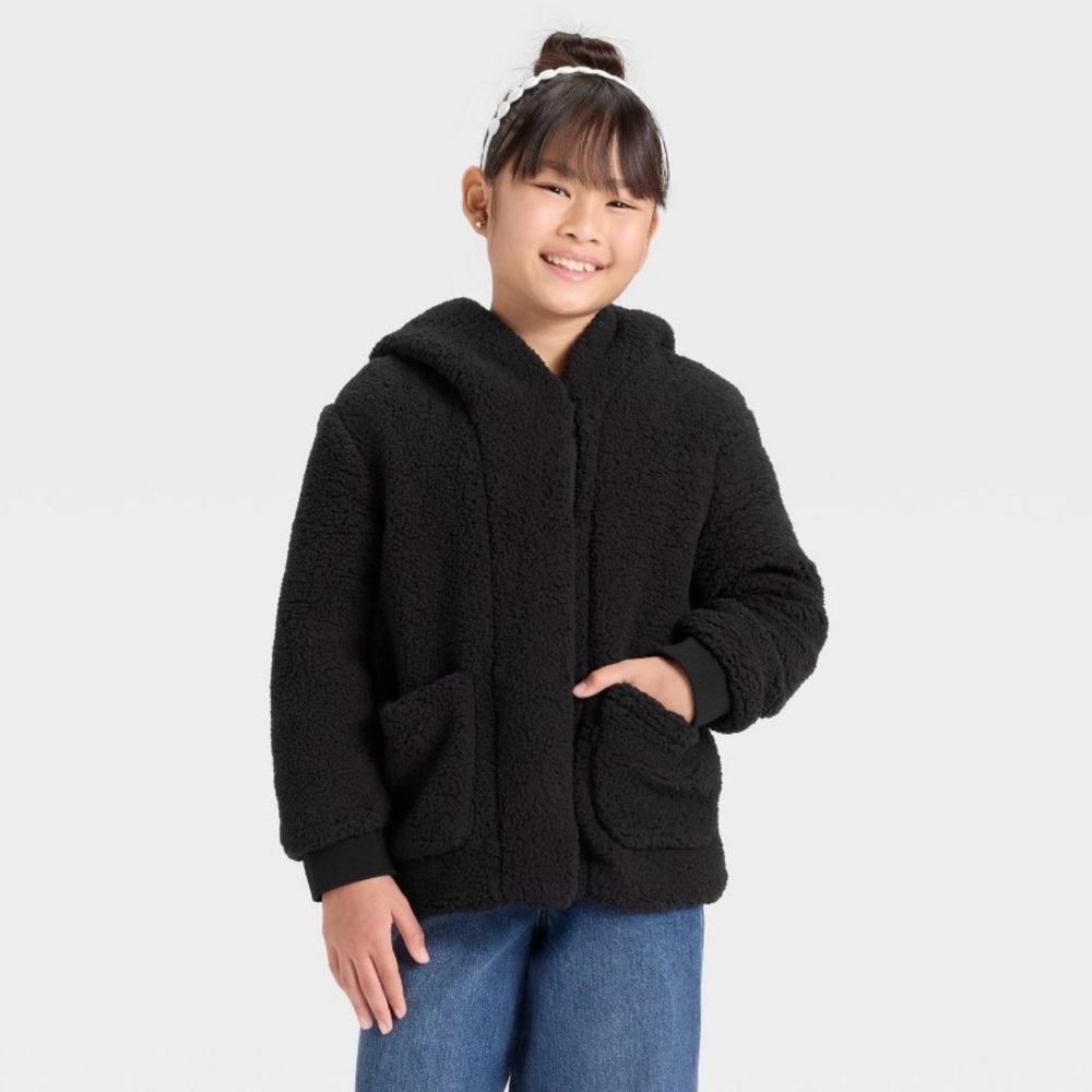 Cat & Jack Girls Faux Shearling Jacket Black XL Hooded Warmest NWT